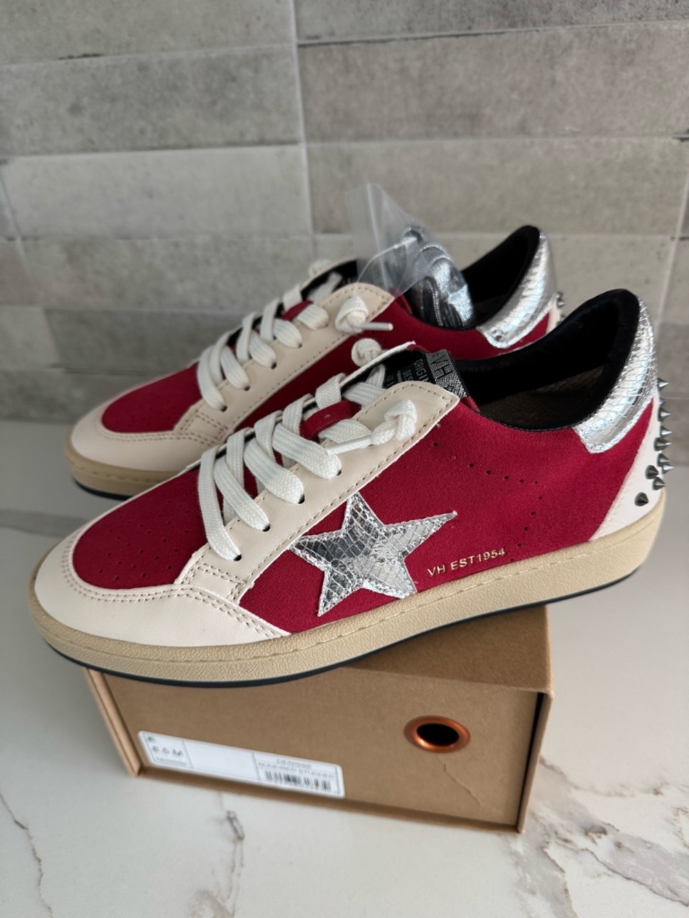 Vintage Havana DENISSE Red Studded  Sneakers with Silver Metallic Accents. NWT